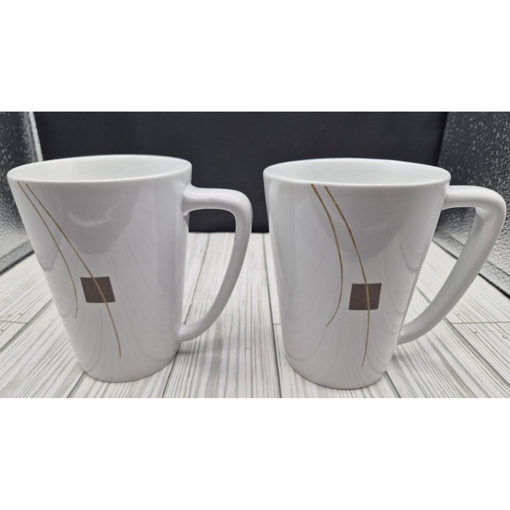 Corelle Ultra Chemire Porcelain Coffee Mugs White Brown Accent Replacement Set 2